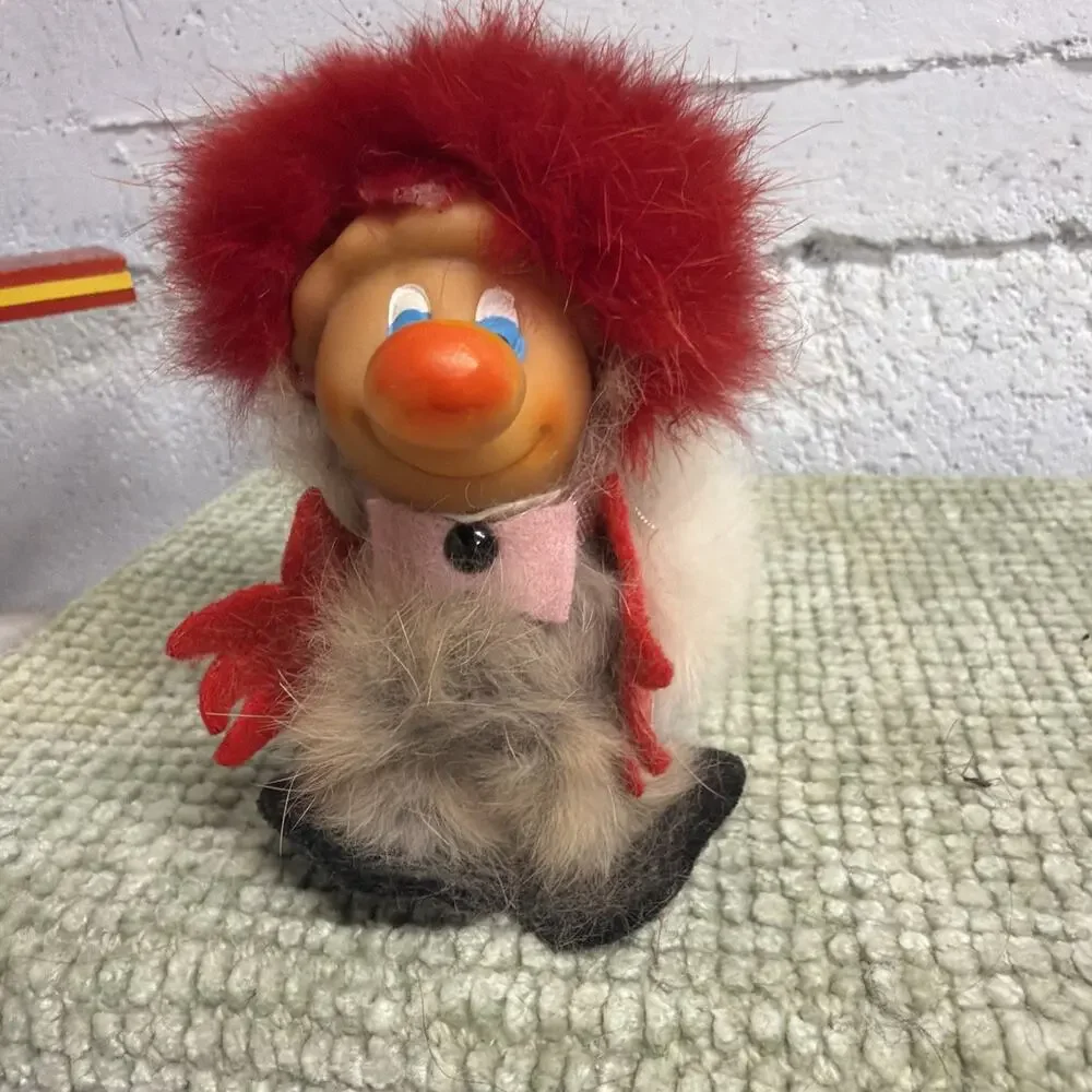 Vintage 1960s Japan Troll Caveman Doll Real Fur Big Nose Rubber Face MCM Kitsc